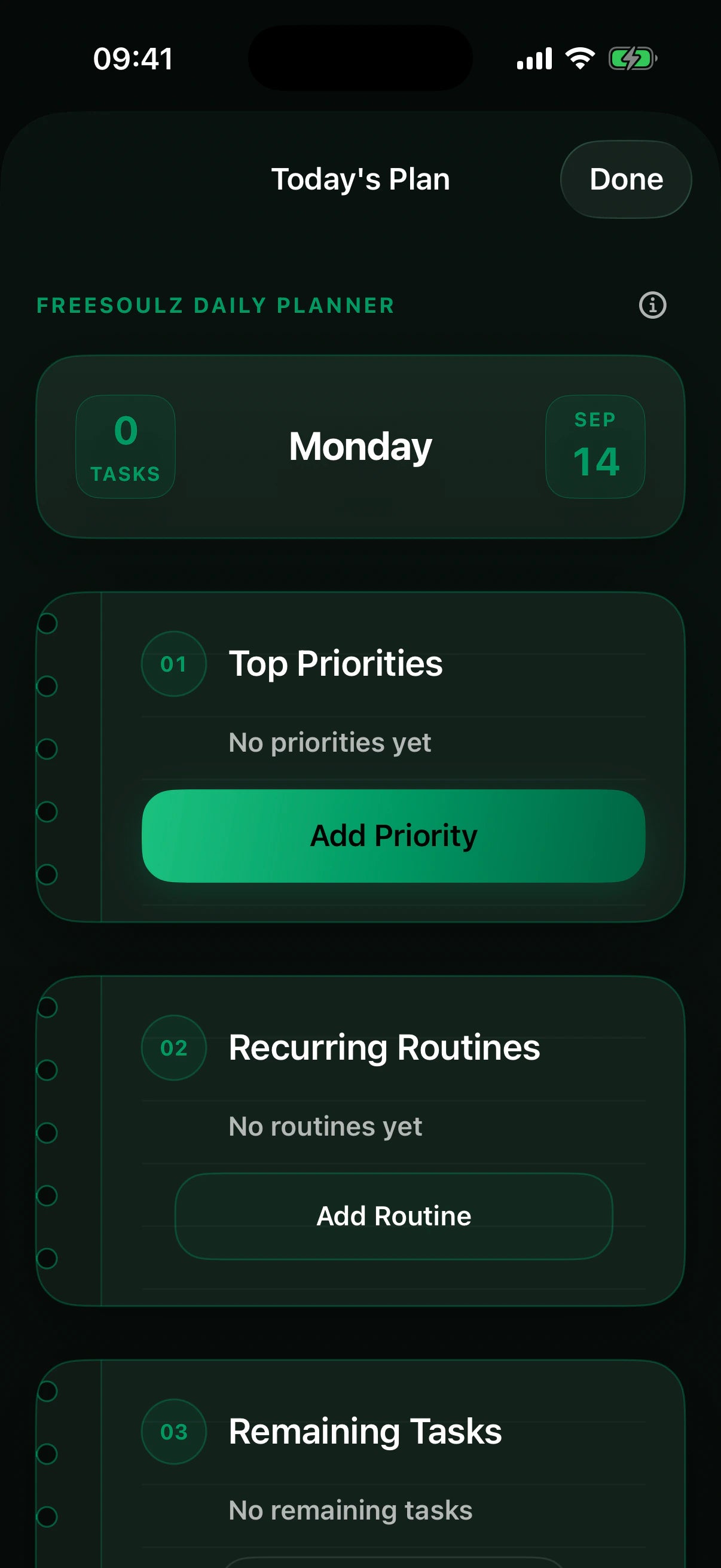 FreeSoulz Daily Planner showing today’s priorities and routines